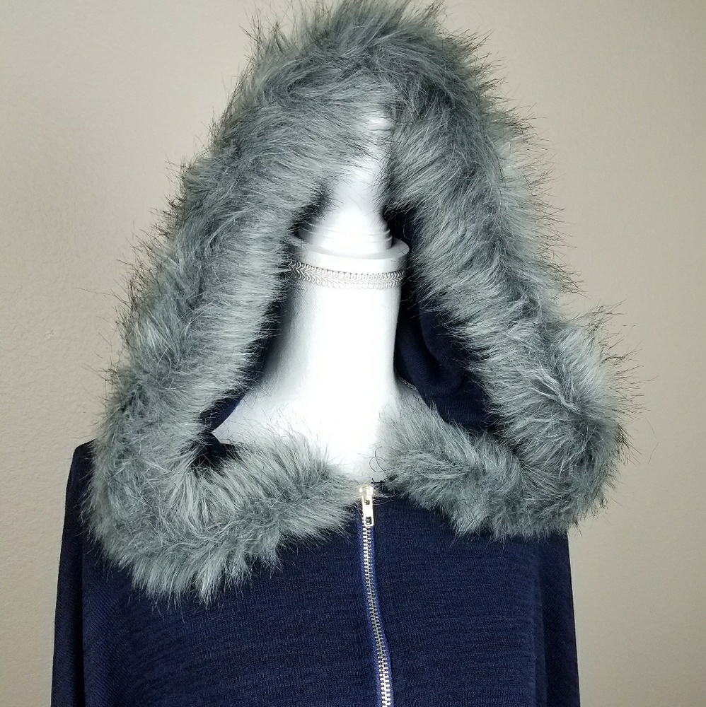 Navy Blue Fur Hooded Cape Poncho Winter Style L - Picture 7 of 8